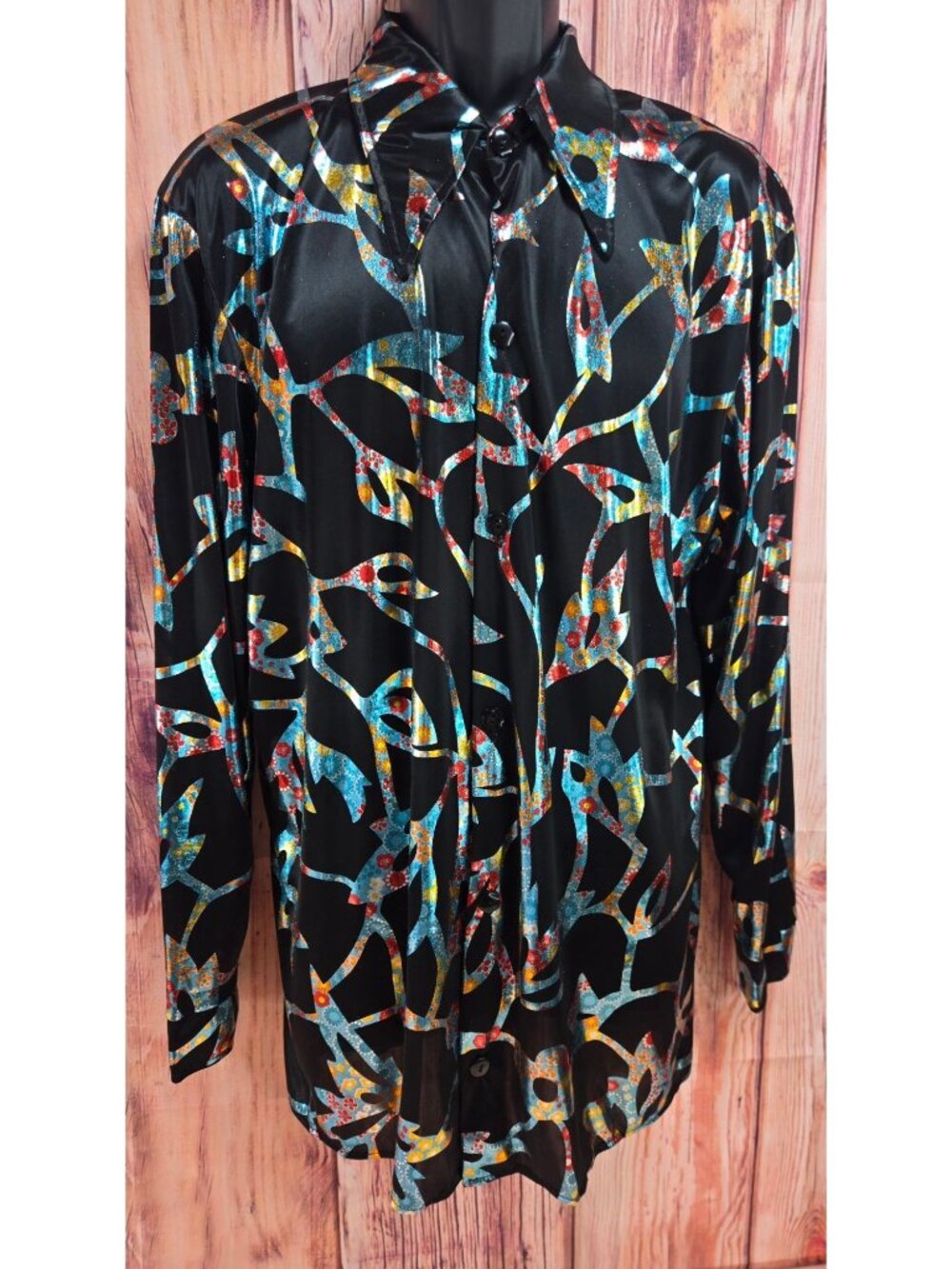 Charades Mens Metallic Disco Shirt Adult Medium Floral Black Long Sleeve